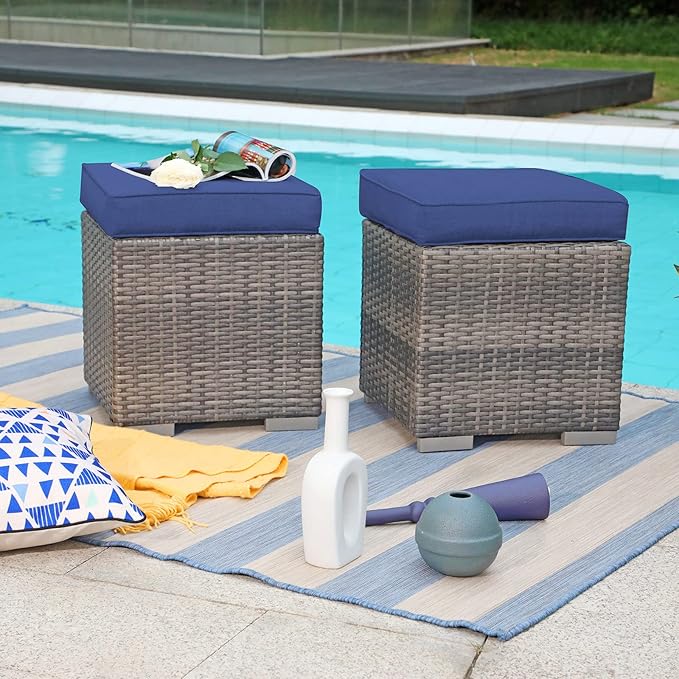 Patiorama 2 Pieces Assembled Outdoor Patio Ottoman, Indoor Outdoor All-Weather Grey Wicker Rattan Outdoor Footstool Footrest Seat w/Navy Blue Cushions,Outdoor Ottoman for Patio,No Assembly Required