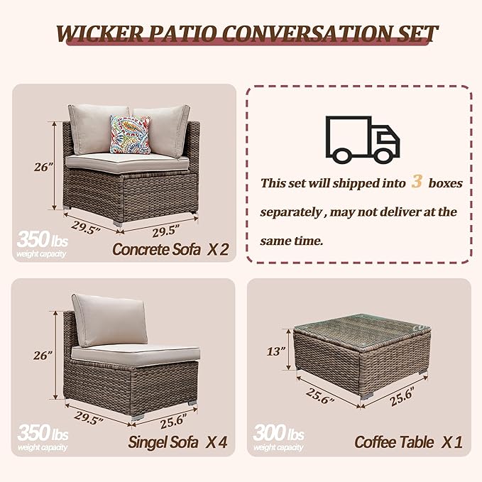 7 Piece Outdoor Patio Furniture Sets, Brown Patio Sectional Furniture All-Weather PE Rattan Sectional Sofa, Outdoor Wicker Conversatin Set w Glass Coffee Table for Backyard, Garden, Porch