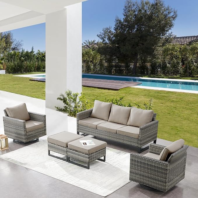 Belord Wicker Patio Furniture 5 Piece Outdoor Sofa Set, Oversize Outdoor Swivel Rocker Chairs with Rattan Ottomans, Conversation Sets Patio Furniture Come with Removable Washable Cushion Grey