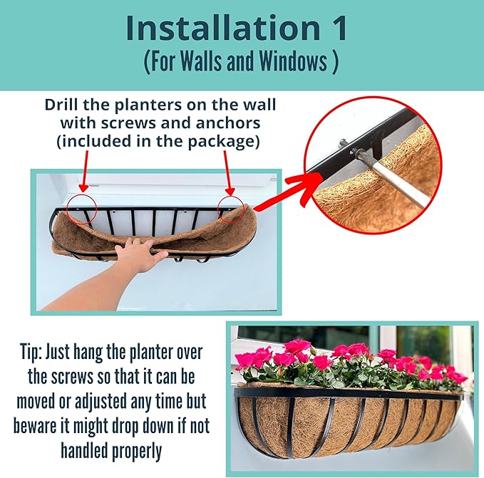 LaLaGreen Outdoor Wall Planter - 30 Inch, 2 Pack Black Metal Window Boxes Planters Attach to House, Large Flower Basket Deck Railings Hanging with Coco Liner Horse Troughs Fence Balcony Patio Porch