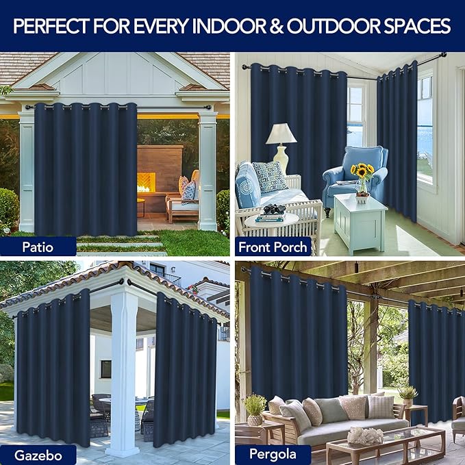 PureFit Outdoor Curtains for Patio Waterproof Weatherproof, UV Resistant Outside Curtains for Gazebo, Front Porch, Pergola, Sun Blocking Privacy Curtain, 100W x 120L inch, 1 Panel, Navy Blue