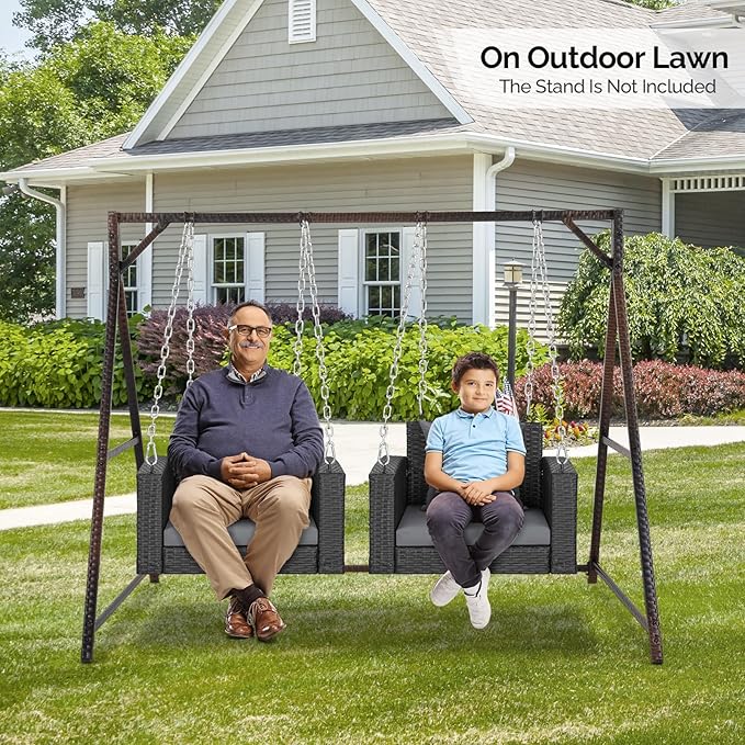 Outvita Porch Swing, 2FT Hanging Outdoor Porch Swings for Adults, Square Wicker 1 Person Patio Swing, with Pillow, Cushion and Chain for Garden, Backyard, Weight Capacity - 440lbs Black & Grey