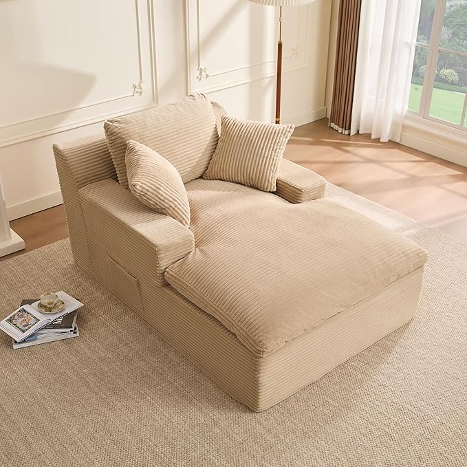 63" Chaise Lounge Chair Indoor, Set of Convertible Sleeper Sofa Couch with Throw Pillows & Side Pockets, Corduroy Upholstered Oversized Sofa Bed with Armrests for Living Room Bedroom, Camel