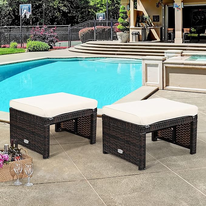 Tangkula 2 Pieces Patio Rattan Ottomans, All Weather Outdoor Footstool Footrest Seat with Soft Cushion, Hidden Zipper, High-Density Sponge, Wicker Ottoman Seat for Patio, Garden, Poolside (White)