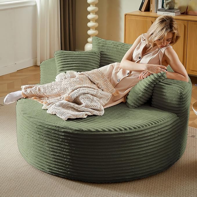 Oversized Round Chair Lounge Chaise Indoor, Upholstered Corduroy Deep Seat Cloud Large Circle Sofa Chair, No Assembly Required, Fluffy Modern Sleeper Sofa Bed for Reading, Living Room, Bedroom, Green