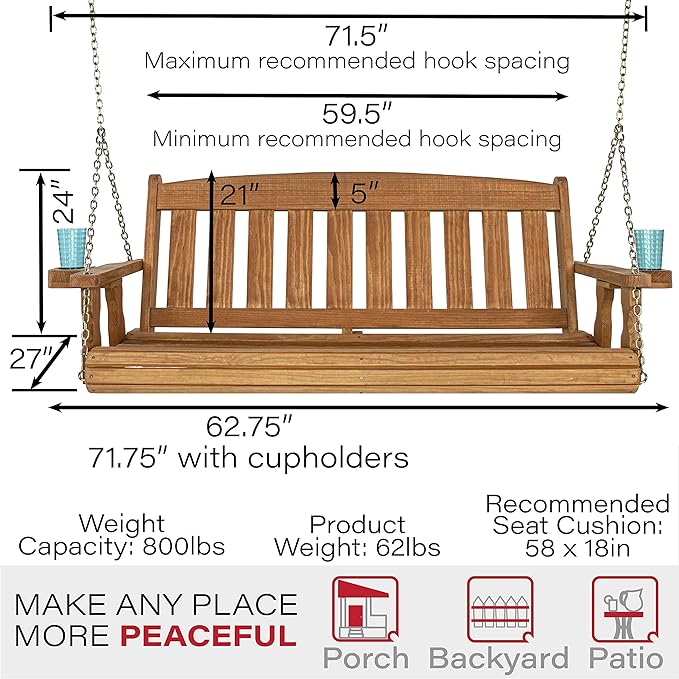 Amish Casual Heavy Duty 800 Lb Mission Treated Porch Swing with Hanging Chains and Cupholders (5 Foot, Cedar Stain)