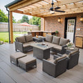 Belord Outdoor Sectional Sofa with 41" Propane Fire Pit Table - 9 Piece Patio Conversation Set with Storage Box and Swivel Rocker Chairs All-Weather PE Wicker Furniture Set Brown