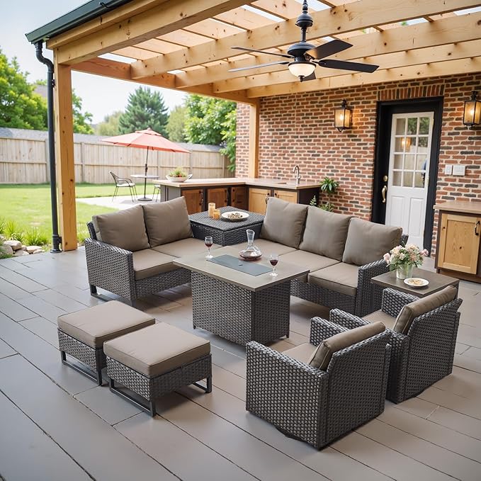 Belord Outdoor Sectional Sofa with 41" Propane Fire Pit Table - 9 Piece Patio Conversation Set with Storage Box and Swivel Rocker Chairs All-Weather PE Wicker Furniture Set Brown