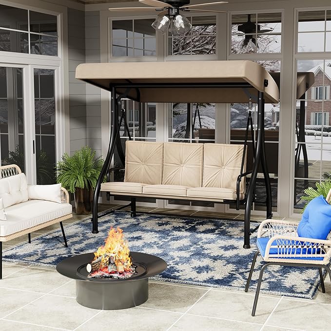 U-MAX Porch Swing Chair with Adjustable Backrest&Canopy, 3 Seat Patio Swing with Canopy 2-in-1 Convertible Outdoor Swing with Canopy Patio Daybed with Removable Beige Cushions for Adults