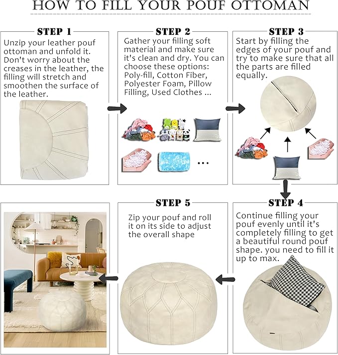 Thgonwid Unstuffed Moroccan Faux Leather Pouf Ottoman with Storage - Handmade Boho Chic Multi-Use Footrest for Living Room, Bedroom, Patio - Round Ethnic Floor Cushion & Decorative Accent, Ivory