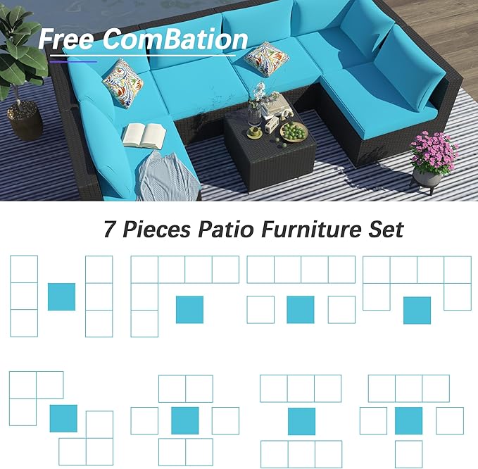 7 Piece Outdoor Patio Furniture Sets, Turquoise Patio Sectional Furniture All-Weather PE Rattan Sectional Sofa, Outdoor Wicker Conversatin Set w Coffee Table for Backyard, Garden, Porch