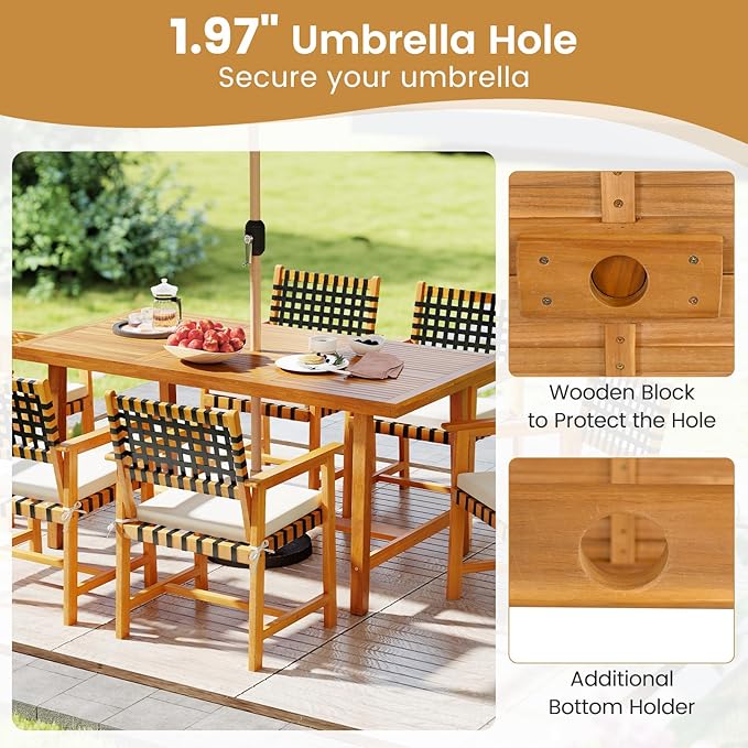 Tangkula 3 Piece Patio Dining Set for 4 People, 63” Outdoor Acacia Wood Rectangular Table with 1.97” Umbrealla Hole & 2 Cushioned Bench, for Deck Yard and Poolside