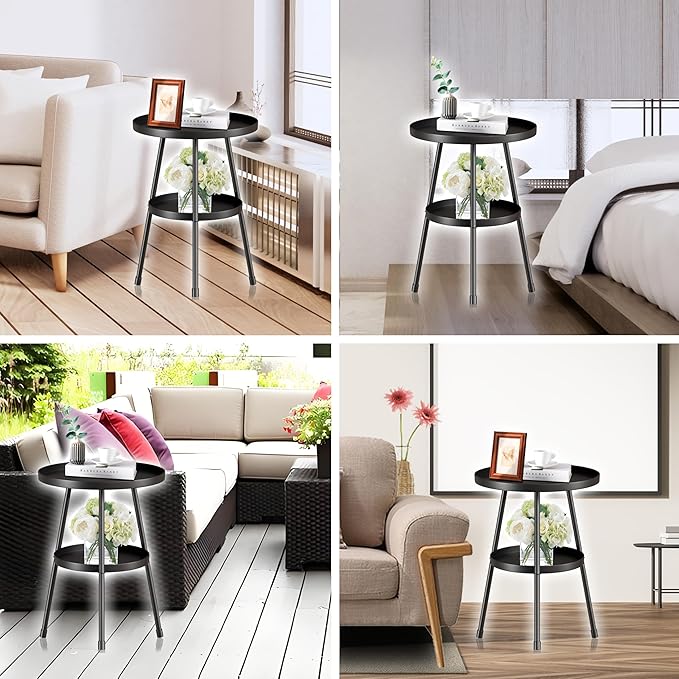 SYQ Round Metal Side Table Small End Table for Indoor Outdoor, Mid Century Modern Decor, Simple Circle Accent Table for Living Room Bedroom Bathroom Office All Matte Black