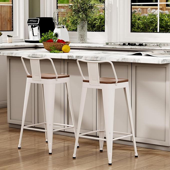 WENTMENT Metal Bar Stools Set of 2 Counter Height Barstools with Removable Back 30" Kitchen Bar Stools with Wooden Seat,Off White