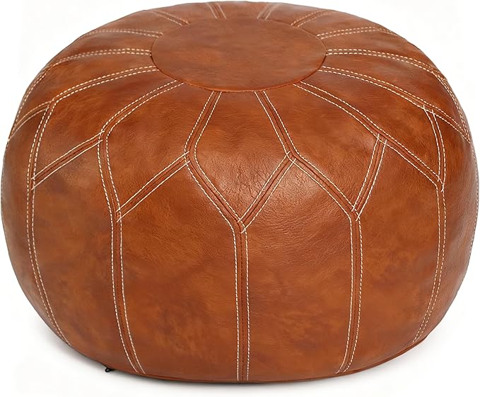 Thgonwid Unstuffed Moroccan Faux Leather Pouf Ottoman with Storage - Handmade Boho Chic Multi-Use Footrest for Living Room, Bedroom, Patio - Round Ethnic Floor Cushion & Decorative Accent, Brown