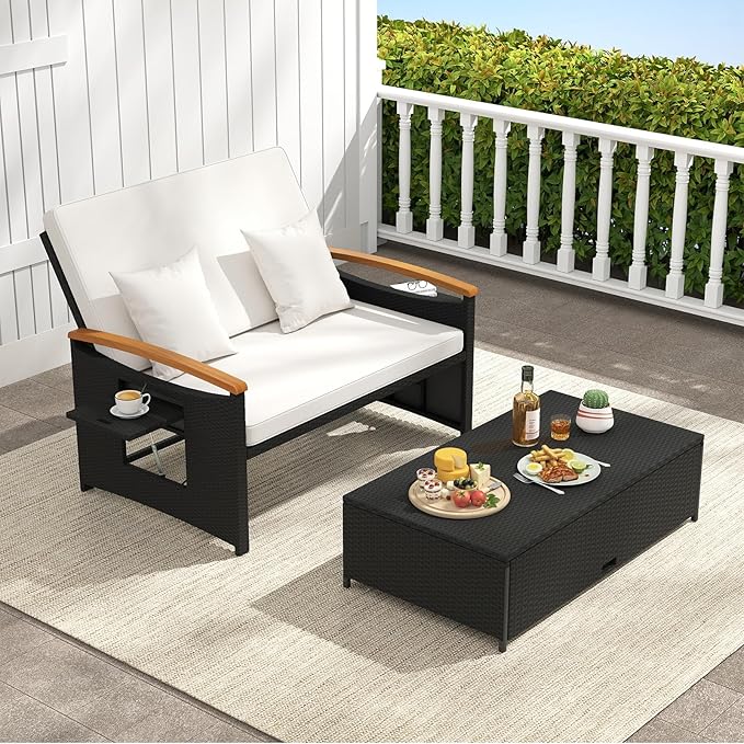 Moccha Outdoor Wicker Daybed, Patio Rattan Loveseat Sofa w/ 4-Level Adjustable Backrest, Folding Panels, Storage Ottoman & Cushions, Lounge Furniture Set for Poolside Backyard Porch (White & Black)