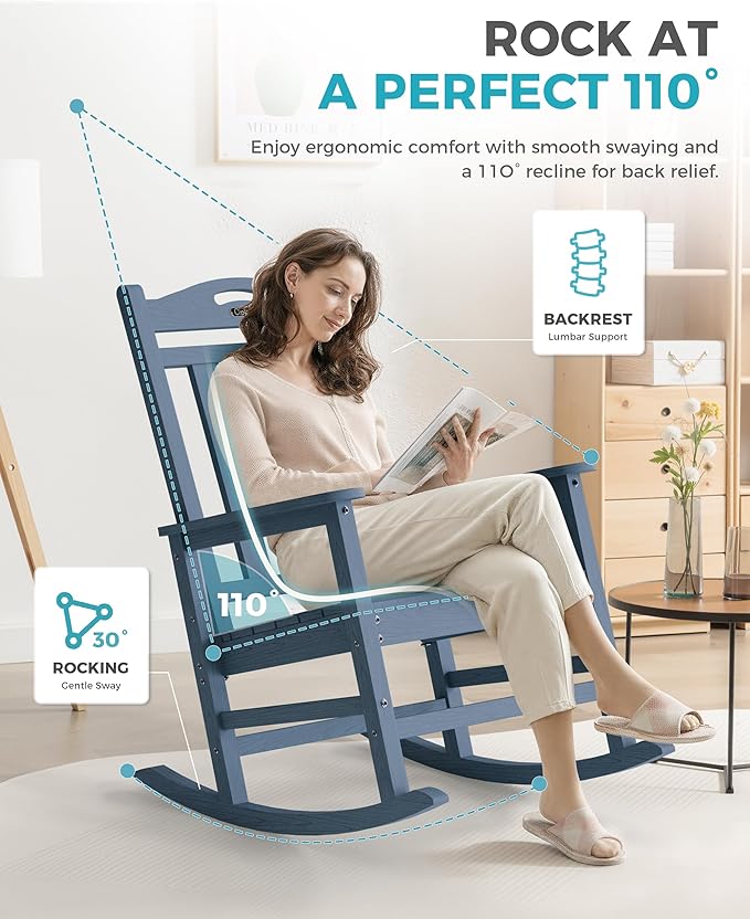 Ciokea Oversized Outdoor Rocking Chairs Set of 3, 380lbs Heavy-Duty Large Patio Rocker, High Back Cozy Porch Chairs, Weather Resistant Patio Rocking Chairs for Outside, Fire Pit, Deck, Slate Blue