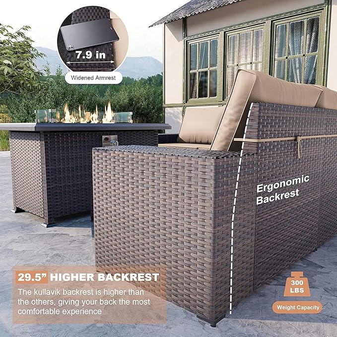 Kullavik 13 Pieces Outdoor Patio Furniture Set with 43" 55000BTU Gas Propane Fire Pit Table PE Wicker Rattan Sectional Sofa Patio Conversation Sets,Sand