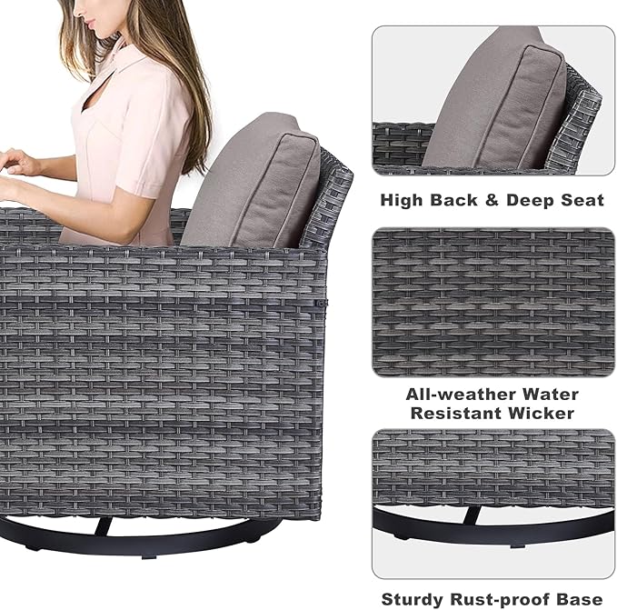 Belord Wicker Patio Furniture 5 Piece Outdoor Sofa Set, Oversize Outdoor Swivel Rocker Chairs with Rattan Ottomans, Conversation Sets Patio Furniture Come with Removable Washable Cushion Grey