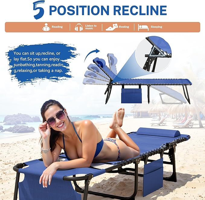 Devoko Beach Lounge Chair, Outdoor Sun Tanning Chair with Face Hole, Heavy Duty Folding Portable Lay Chaise Lounge Chairs for Outside Beach Pool Camping Patio, Blue