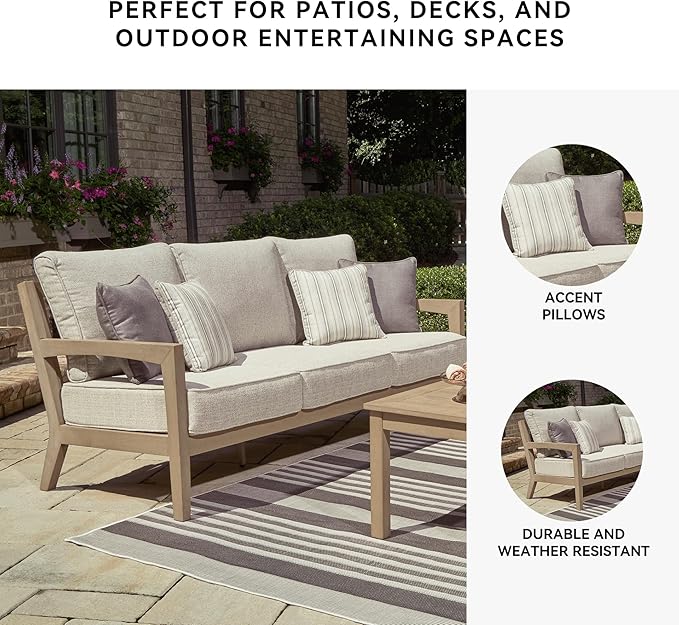 Signature Design by Ashley Hallow Creek Cottage Nuvella Weather Resistant Fabric Outdoor Sofa with Cushion and 4 Throw Pillows, Light Brown & Beige