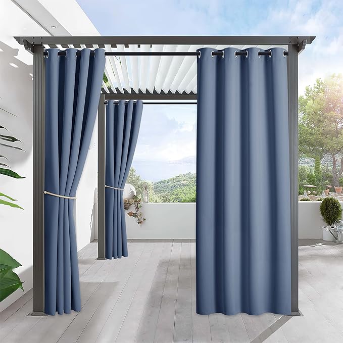 RYB HOME Outdoor Curtains for Patio Waterproof Block Sunlight Thermal Insulated Privacy Assured Thick Outside Curtains for Pergola, Deck, Gazebo, W52 x L120, Stone Blue, 1 Panel