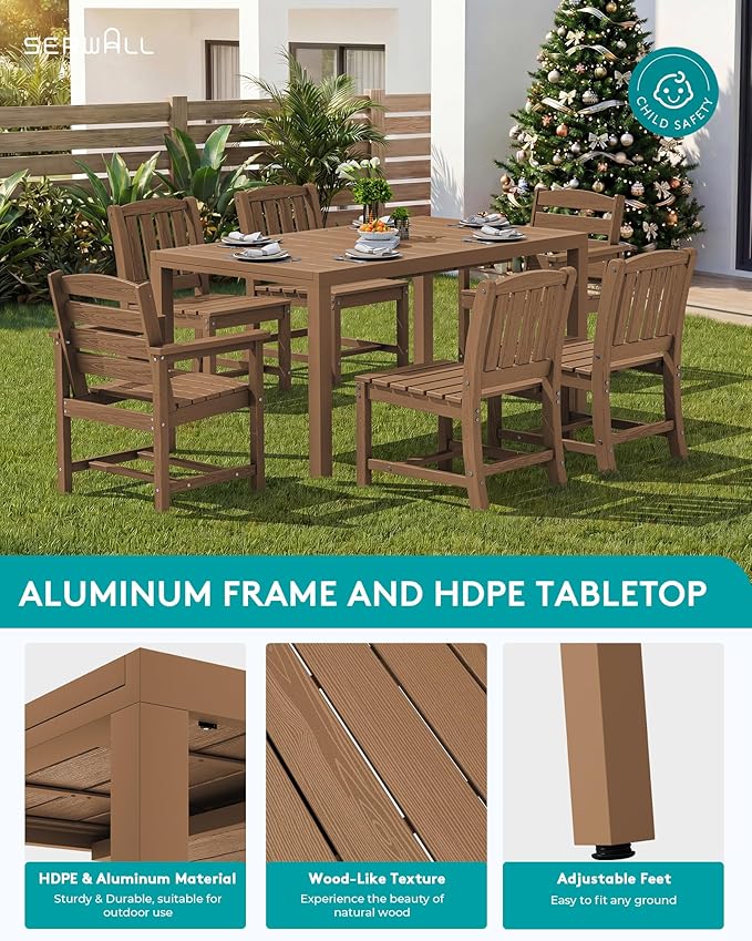 SERWALL 7-Piece Outdoor Dining Set, 60" - 83" Expandable Outdoor Dining Table and 6 HDPE Chairs, All Weather HDPE Outdoor Furniture Set for Backyard, Garden, Brown