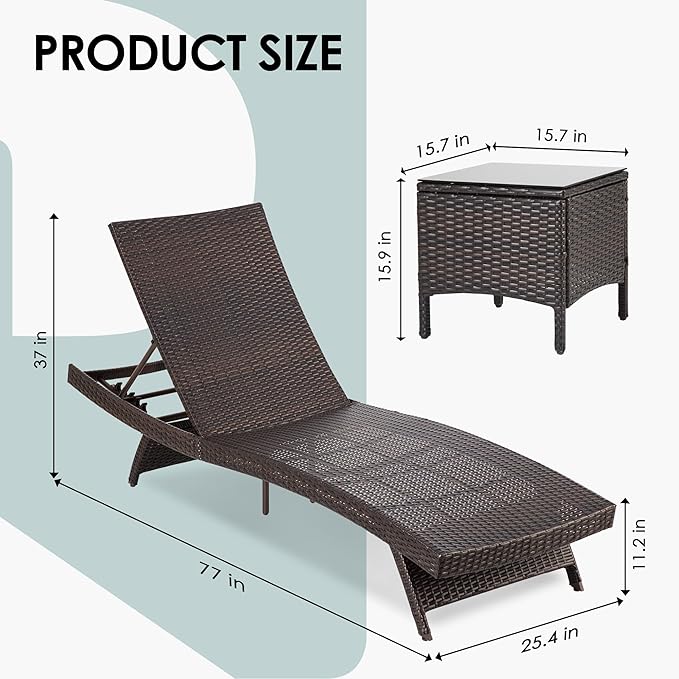Pamapic Patio Chaise Lounge Set 2 Pieces，Patio Lounge Chair with Adjustable Backrest and Removable Cushion, Outdoor Pool Lounge Chair Set for Patio Poolside Backyard Porch