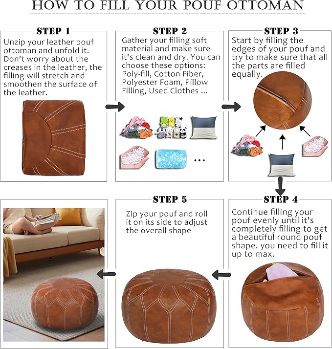 Thgonwid Unstuffed Moroccan Faux Leather Pouf Ottoman with Storage - Handmade Boho Chic Multi-Use Footrest for Living Room, Bedroom, Patio - Round Ethnic Floor Cushion & Decorative Accent, Brown
