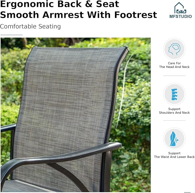 MFSTUDIO Outdoor Bar Stools Set of 2, Swivel Bar Height Patio Chairs Outdoor Barstools High Top Patio Swivel Bar Chairs with Armrest, Breathable Textilene, Grey