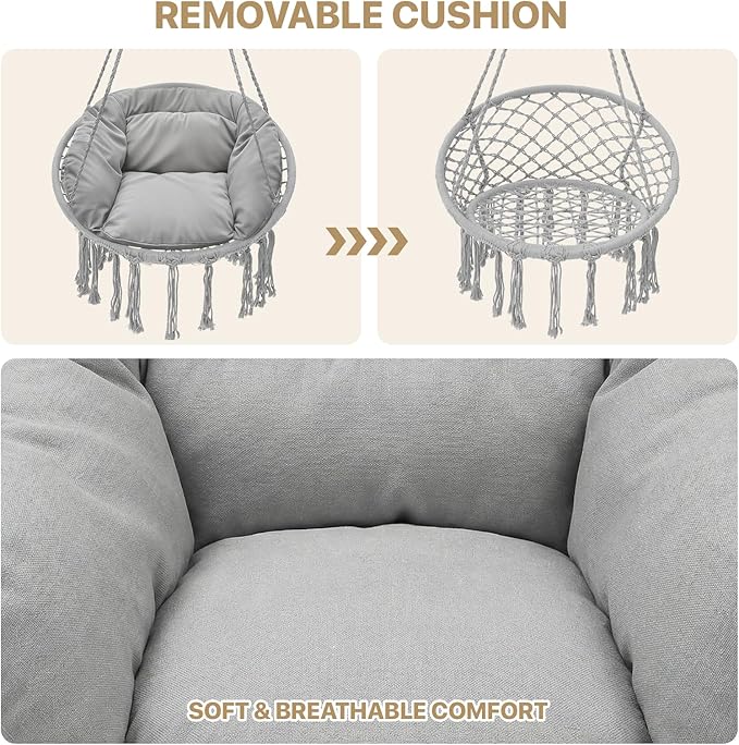 Monibloom Hanging Hammock Chair with Full Cushion, Adults Indoor Hammock Swing with Max 350 Lbs Capacity, Outdoor Macrame Hanging Chair with Boho Tassels, Home Accent Furniture Chair Swing, Grey