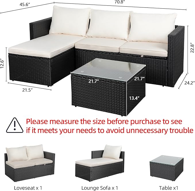 Shintenchi Outdoor Patio Furniture Sets, Small Outdoor Sofa Patio Sectional Sets 3-Piece All Weather Wicker Rattan Patio Seating Sofas with Glass Coffee Table and Cushion (Beige)