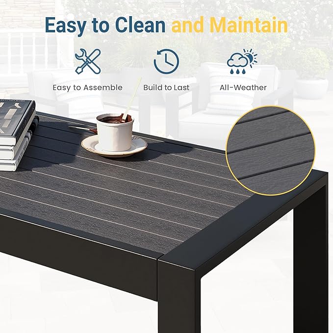 Wisteria Lane Aluminum Outdoor Furniture Patio Coffee Table, All-Weather Outdoor Metal Coffee Table, Modern Rectangle Coffee Table for Balcony, Garden, Black