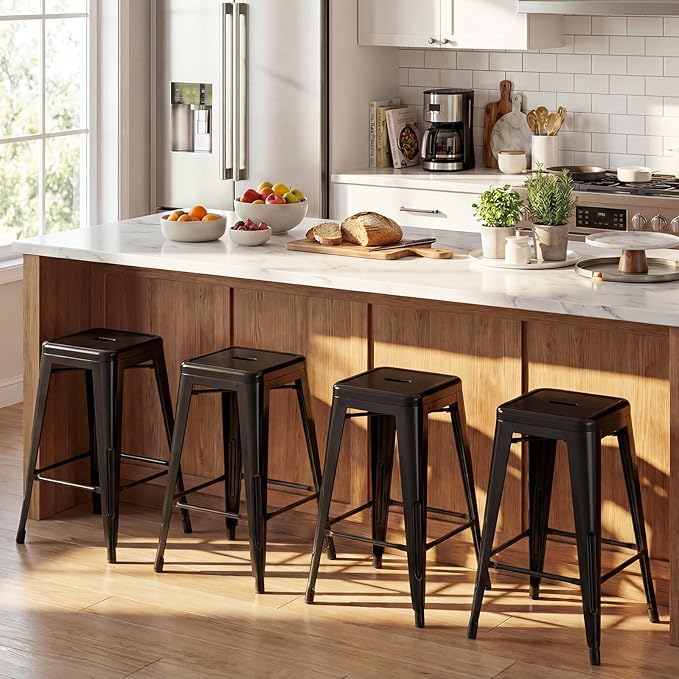 COSTWAY 24'' Metal Bar stools Set of 4, with Removable Back, Counter Height Stools with Rubber Feet, Stylish and Modern Chairs, for Kitchen, Dining Rooms, and Side Bar (Black-Update, 24'')