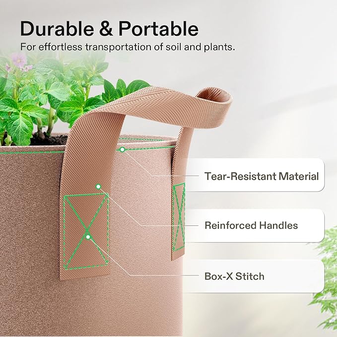 VIVOSUN 5-Pack 30 Gallons Grow Bags Heavy Duty Thickened Nonwoven Fabric Pots with Strap Handles Tan