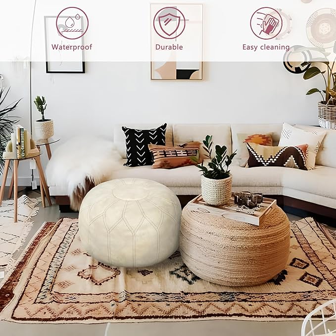 Thgonwid Unstuffed Moroccan Faux Leather Pouf Ottoman with Storage - Handmade Boho Chic Multi-Use Footrest for Living Room, Bedroom, Patio - Round Ethnic Floor Cushion & Decorative Accent, Ivory