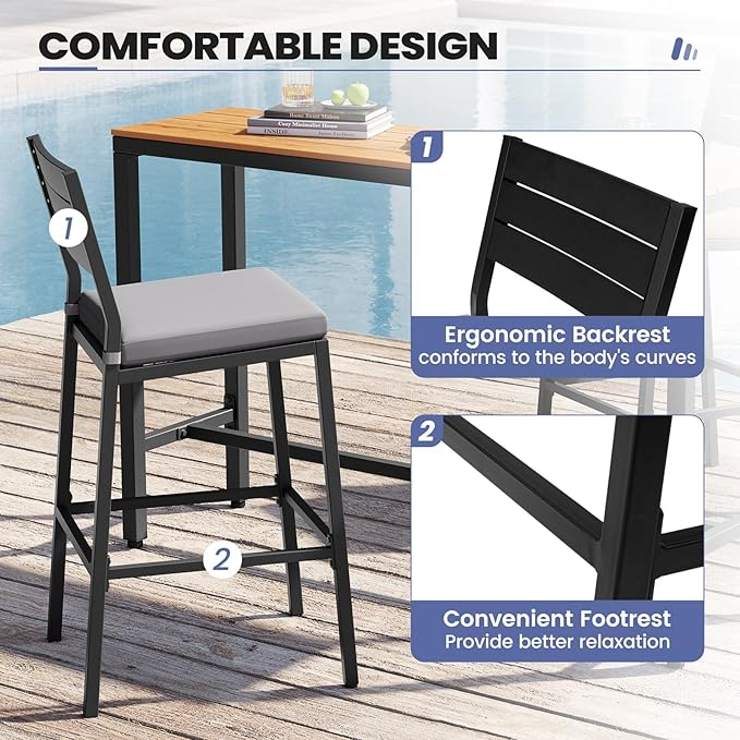 Crestlive Products Outdoor Bar Stools Set of 2, Patio Counter Height Barstools with Cushions, Tall Chairs with Back and Footrest for Deck, Lawn, Garden, Backyard, Poolside, Or Indoor Use (Light Gray)