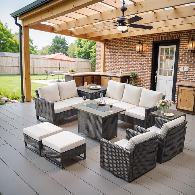 Belord Outdoor Sectional Sofa with 41" Propane Fire Pit Table - 9 Piece Patio Conversation Set with Storage Box and Swivel Rocker Chairs All-Weather PE Wicker Furniture Set Brown