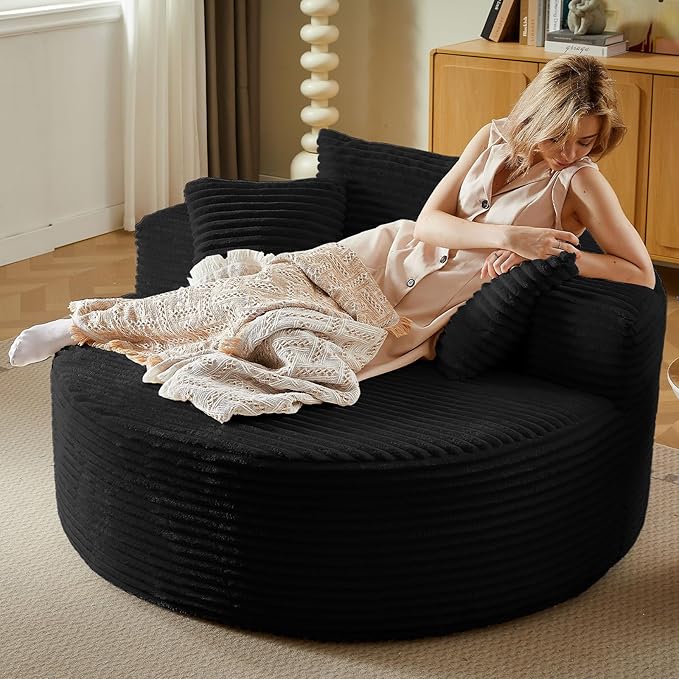 Oversized Round Chair Lounge Chaise Indoor, Upholstered Corduroy Deep Seat Cloud Large Circle Sofa Chair, No Assembly Required, Fluffy Modern Sleeper Sofa Bed for Reading, Dark Black