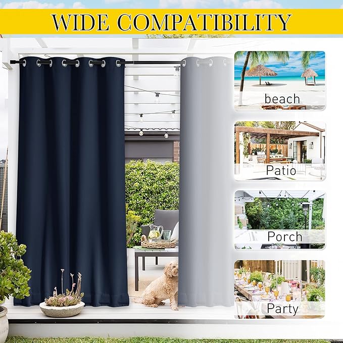 NICETOWN 2 Panels Weighted Outdoor Curtains for Patio Waterproof, Thermal Insulated Grommet & Back Tab on Top & Bottom Windproof Sun Blocking Draperies for Gazebo with Fixed Rope, Navy Blue, W66 x L84