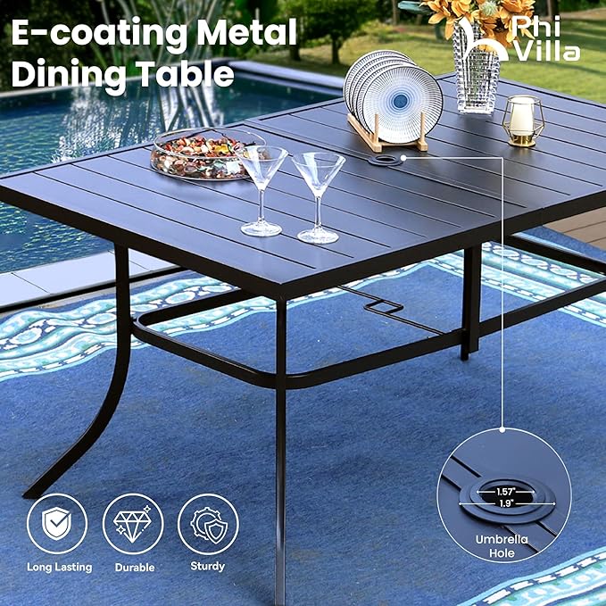 PHI VILLA 8 Piece Patio Dining Set with 13ft Patio Umbrella (Navy Blue), 6 Outdoor Swivel Dining Chairs & 1 Large Metal Dining Table with 1.57" Umbrella Hole, for Deck Lawn Garden