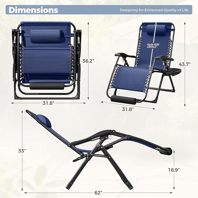 Homall Oversized Zero Gravity Chair, 32In Recliner Lounge Chair with Removable Soft Cushion and Cup Holder, Adjustable Anti Gravity Chair Folding Patio Chairs Padded for Indoor and Outdoor, Blue