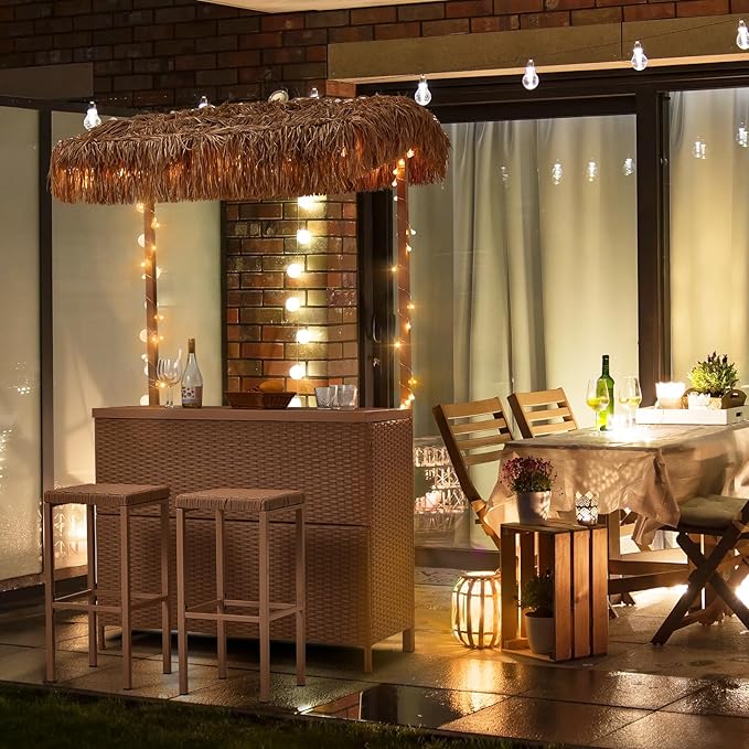 HOMREST Outdoor Tiki Bar Set, 3 Pieces Wicker Patio Bar Set w/2 Height Stools, Storage Shelf, Canopy, Plastic Wood Tabletop for Backyard Poolside Garden, Beige