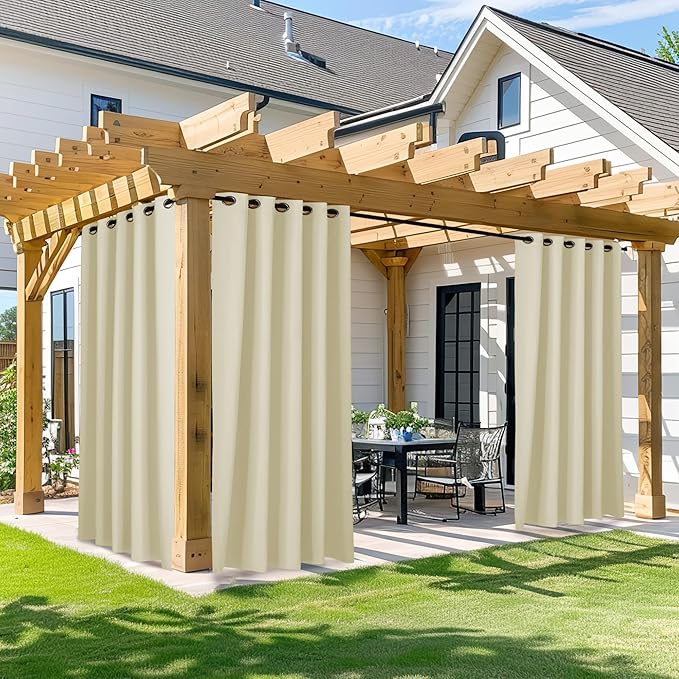 NICETOWN Outdoor Patio Curtain W66 x L95, Waterproof & Weatherproof Drapes for Porch Gazebo Pergola Shower Pool Outside Deck, Privacy Protection Drape for Summer & Winter, 1 Panel, Beige