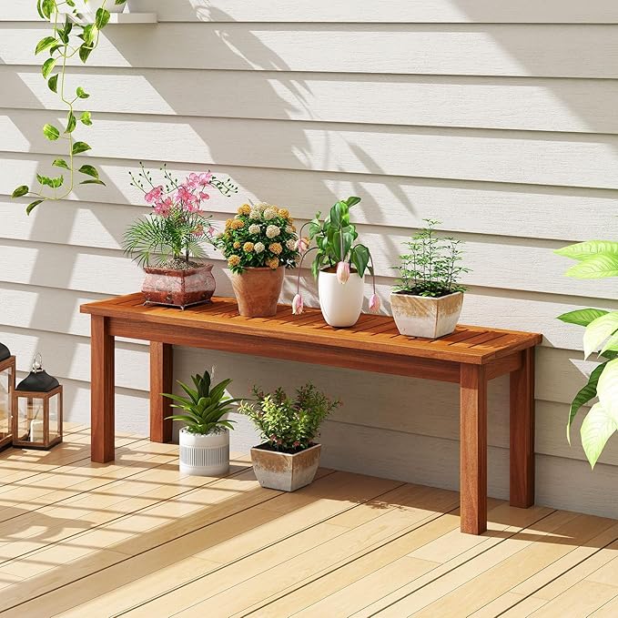 Tangkula Outdoor Wood Bench, 2-Person Backless Patio Garden Bench with Slatted Seat, Front Porch Dining Seating Furniture for Deck, Yard and Park (2)