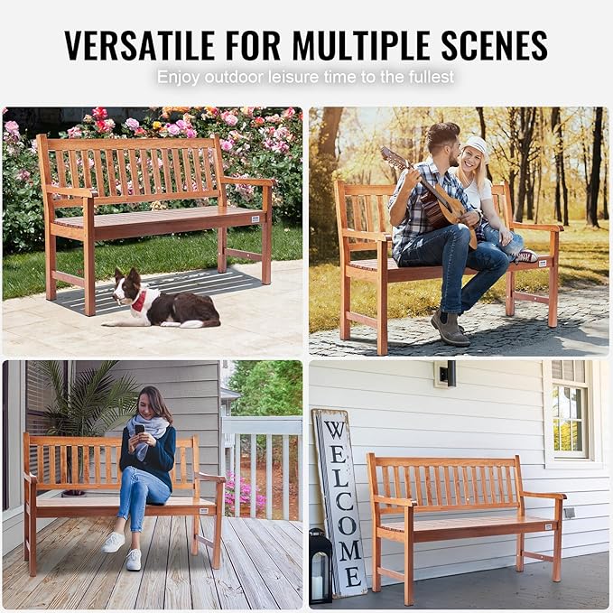 VEVOR Wood Outdoor Bench, 2-Person Garden Bench with Backrest and Armrests, 800 lbs Load Capacity,All-Weather Never Rot Patio Bench for Garden, Park, Yard, Front Porch