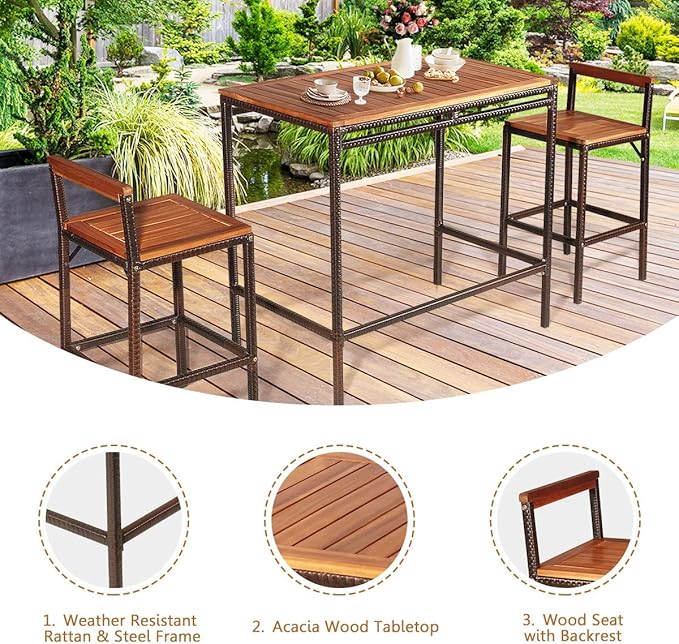HAPPYGRILL 3 Pieces Outdoor Wicker Rattan Bar Set, Acacia Wood Patio Dining Furniture Set with 2 Chairs for Poolside Backyard Patio Balcony