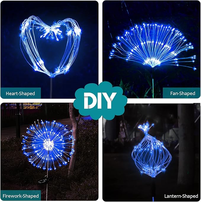 JJGoo Solar Firework Lights, 2 Pack 120 LEDs 2 Lighting Modes Solar Garden Lights Outdoor Waterproof for Yard Patio Walkway Pathway Party Wedding Christmas Decorative - Blue