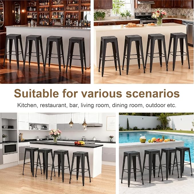 Stackable Metal Bar Stool Backless Indoor-Outdoor Counter Stools Fullmetal Dinning Chairs Set of 4 (Black, 30 Inch)