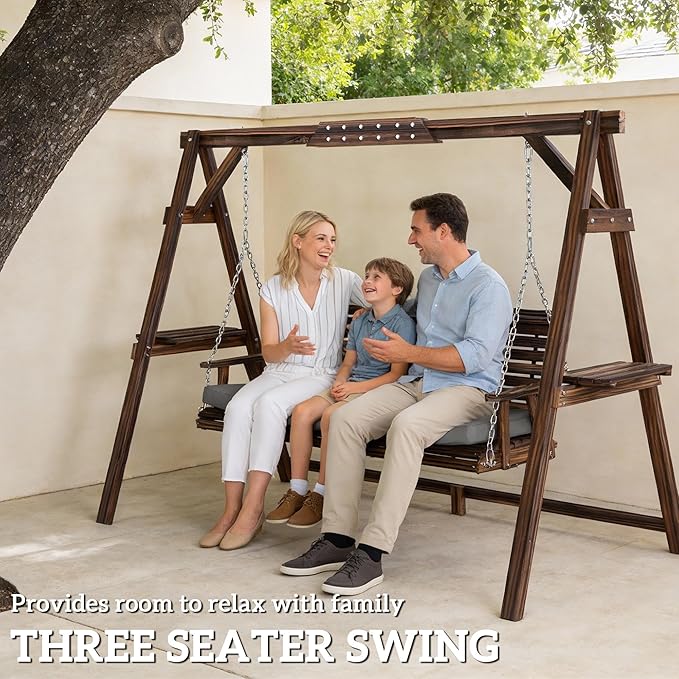 Outsunny 3 Seat Porch Swing with Stand, Wooden Patio Swing Chair with Cushion, Side Trays and Metal Chains, Outdoor Bench for Garden, Poolside, Backyard, Carbonized Brown
